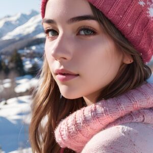Une jeune femme porte un bonnet rose en maille épaisse dans un environnement montagneux enneigé.
